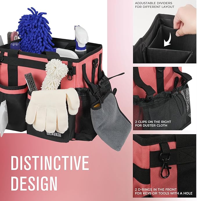 SCAVATA Compact Wearable Cleaning Caddy, Small Cleaning Caddy Supplies Organizer with Handle & Shoulder Straps for Housekeepers, Under Sink & Car Cleaning Tool Organizers Bag (CaralPink)