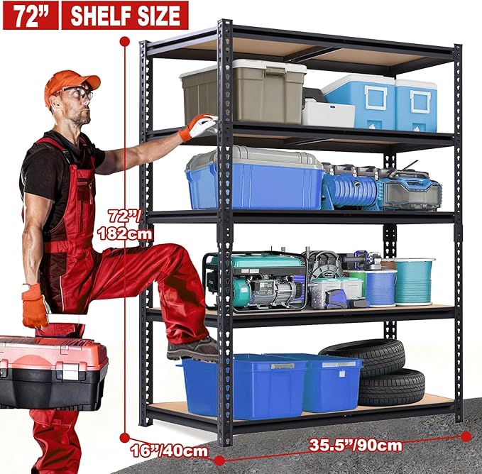 Storage Shelving Unit, 5 Tier Garage ShelvesHeavy Duty, Adjustable Metal Shelving Unit,2400LBS Black forPantry, Basement, Warehouse, Kitchen, Pantry and Closet,72" H