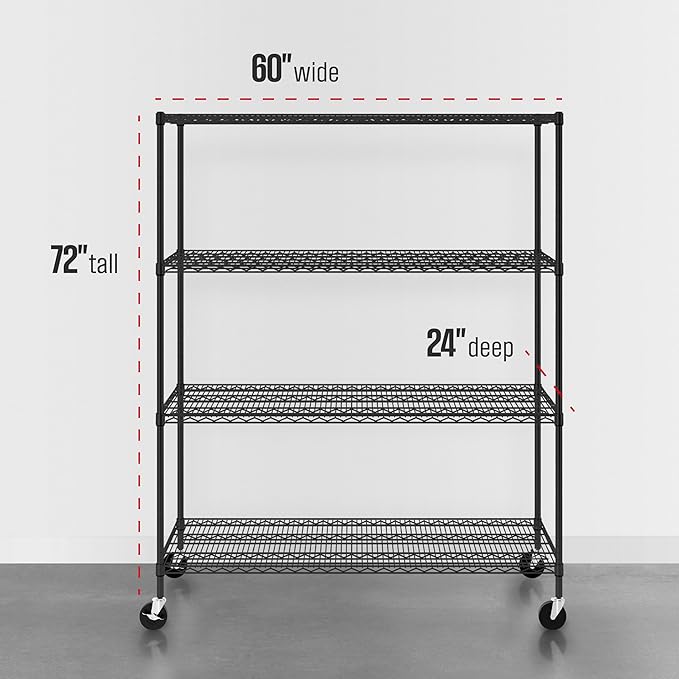 SafeRacks - NSF Certified Storage Shelves, Zinc, Heavy Duty Steel Wire Unit with Wheels and Adjustable Feet, Garage or Bakers Rack, Kitchen, Pantry Shelf - (24"x60"x72" 4-Tier) (Black)