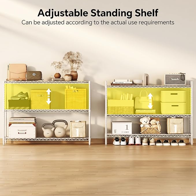 Homeiju 3-Shelf Storage Rack, 41" Wide Adjustable Standing Metal Shelving Unit with Removable Wooden Boards, Heavy Duty for Pantry, Bathroom, Garage, Entryway, Plant Stand, White