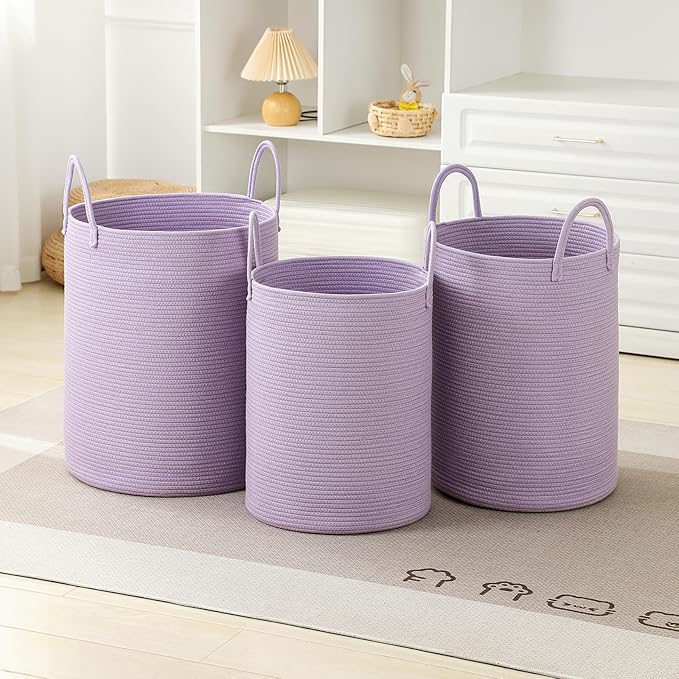 Laundry Basket Hamper Tall Rope Storage Woven for Blanket toys Dirty Clothes in Living Room Bathroom Bedroom (Purple, 100L/26.4Gal)