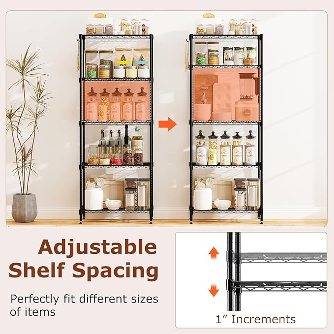 GOFLAME 5-Tier Metal Storage Shelving Unit, Heavy-Duty Adjustable Utility Shelf with V-Shaped Wire Rack, 750 LBS Storage Organizer for Home, Kitchen, Garage, Basement, 23.5”L x 13.5”W x 60”H