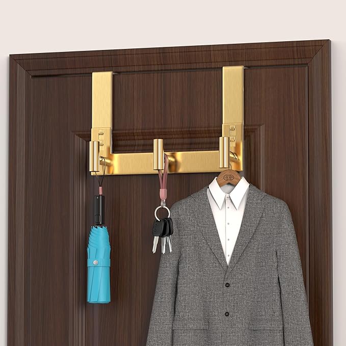 PMMASTO Over The Door Hooks, Fits 1-3/4" Thick Door No Drill Hooks for Closet Bathroom Bedroom Organization, Hanger for Coat Towel Robe (Gold, 3 T-Hooks)