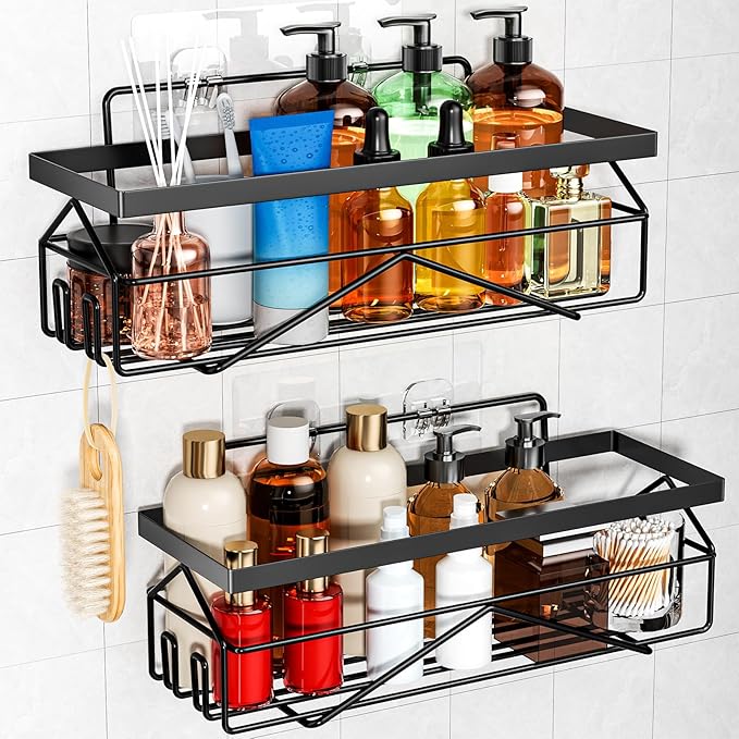 Adhesive Stainless Steel Shower Caddy Shelf Organizer - Renter-Friendly Bathroom Storage (Matte Black 2PCS)