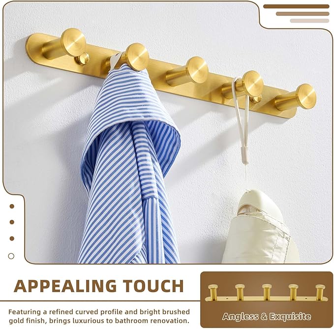 Angle Simple Towel Hook Rack Brushed Dark Gold, SUS304 Stainless Steel Bathroom Hook Rail 5 Hooks, Utility Kitchen Towel Holder, Wall Mount