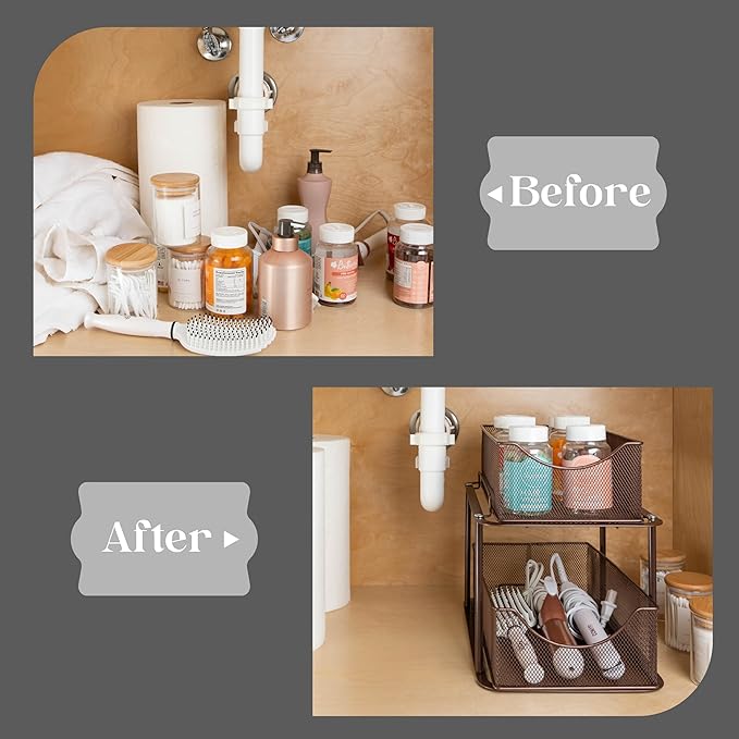 Sorbus 2 Tier Metal Under Sink Organizer for Bathroom, Kitchen, Strong Steel Mesh Sliding Drawers for Under Sink, Under Cabinet, Closet, Kitchen, Pantry, Bathroom Organizers and Storage (Brown)