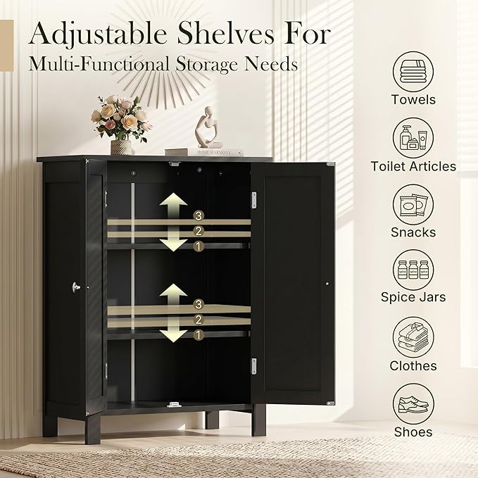 SUPER DEAL Modern Bathroom Floor Storage Cabinet with Adjustable Shelf and Double Door Rust Proof, Living Room Modern Home Furniture Storage Organizer Cabinet, Black