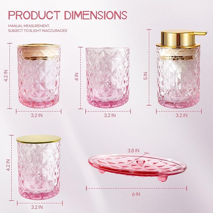 5PCS Bathroom Accessory Set,Pink Bathroom Countertop Organizer Set with Soap Dispenser, Toothbrush Holder, Tumbler, Q-tip Holder & Soap Dish,Elegant Functional Glass Set, Gift for Home & Apartment