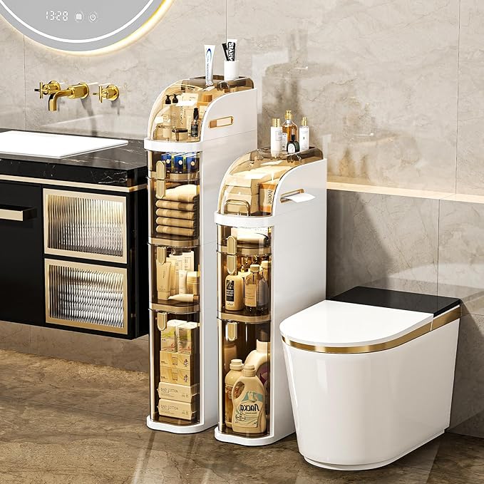 UFORU 4-Tier Slim Bathroom Storage Cabinet – 7.1" Narrow Tall Storage Cabinet, Movable Floor Waterproof Organizer Cabinets with Wheels, Drawers & Tissue Box for Small Spaces