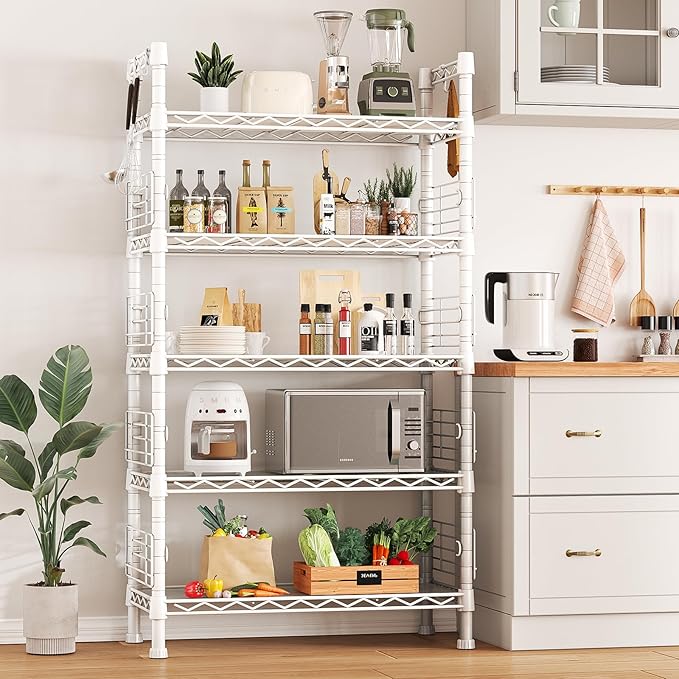 FUTASSI Large Metal Storage Rack, Storage Organizer Shelves for Kitchen, Bathroom, Living Room, Balcony and Garage, 5 Tiers Narrow Bookshelf, 29.5" W x 9.4" D x 59.2" H, Load 480lbs, White