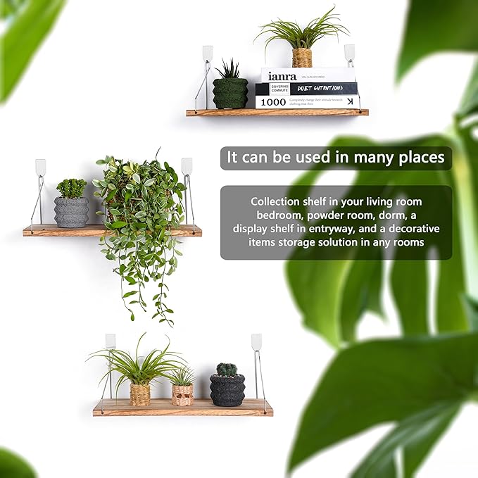 Floating Shelves Set of 3 Rustic Solid Wood Floating Shelf Wall Storage Shelves for Living Room, Bedroom, Bathroom, Kitchen Laundry, Office,no Drill Shelf(Light Color L+L+L)