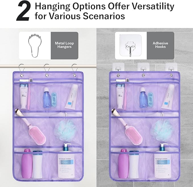 F-color Cruise Essentials 2026 - Mesh Shower Organizer Hanging with 7 Pockets for RV Gym Camping, Quick-Dry Portable Toiletry Bag with Metal Hooks for Bathroom Travel Toiletries, Purple+Purple