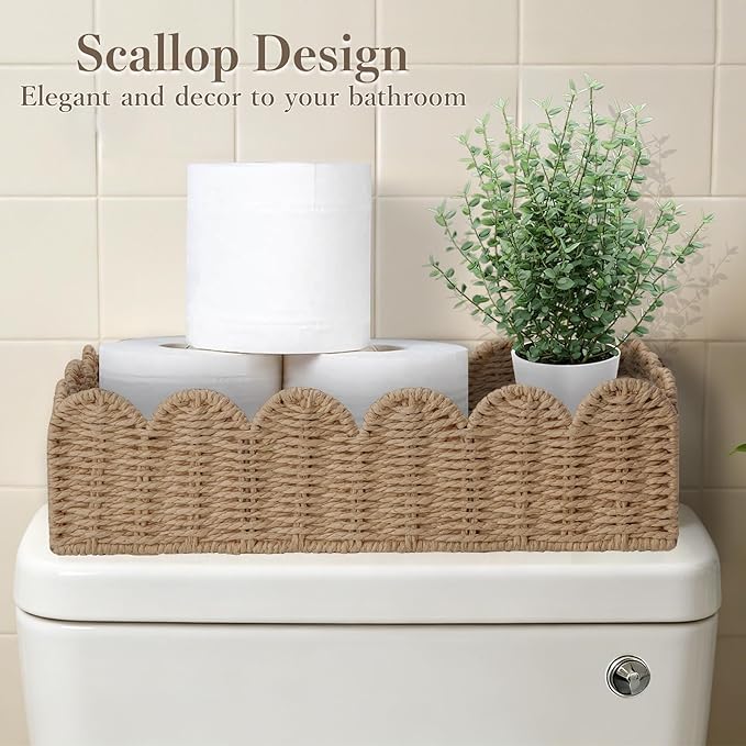 2 Pack Scalloped Wicker Toilet Paper Storage Basket, Handwoven Paper Rope Basket Organizer for Toilet Tank & Shelves, Decorative Woven Storage Bin for Living Room, Bedroom & Entryway, Beige