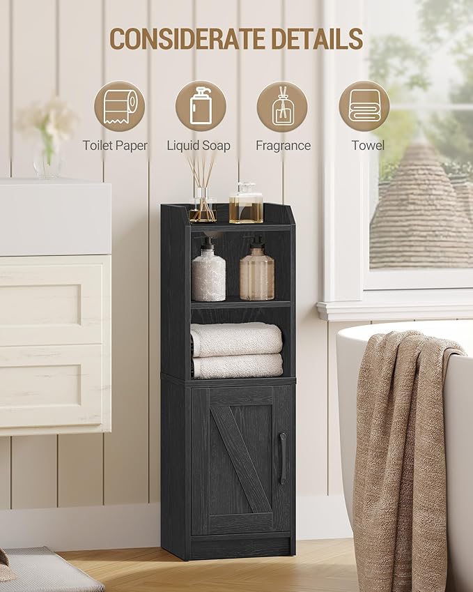 Hzuaneri Bathroom Storage Cabinet, Small Farmhouse Corner Floor Cabinet with Door and Shelves, Narrow Toilet Paper Holder Stand, Bathroom Organizer with Adjustable Shelf, for Small Spaces, Black