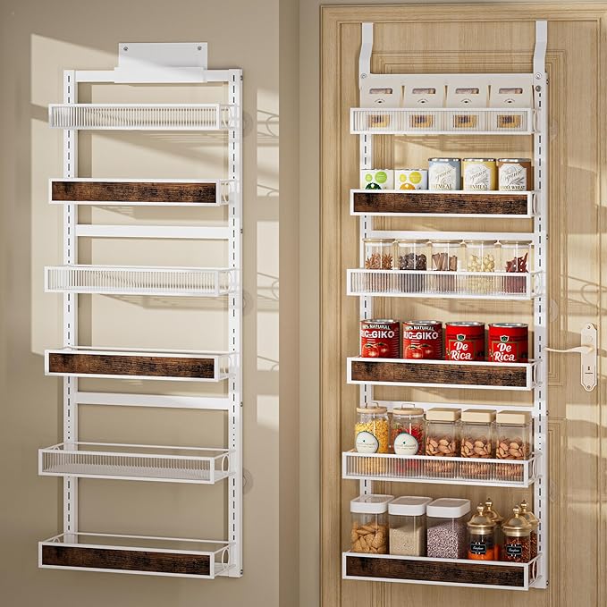 6 Tier Pantry Door Organizer Spice Rack, 2-IN-1 Wall Mount or Hanging Over Door Seasoning Organizer with Adjustable Baskets, Heavy Duty Behind Door Storage Shelves for Pantry, Cabinet and Kitchen
