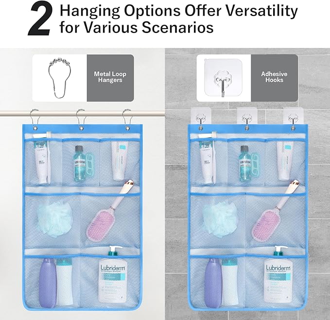 F-color Cruise Essentials 2026 - Mesh Shower Organizer Hanging with 7 Pockets for RV Gym Camping, Quick-Dry Portable Toiletry Bag with Metal Hooks for Bathroom Travel Toiletries, Blue+Blue