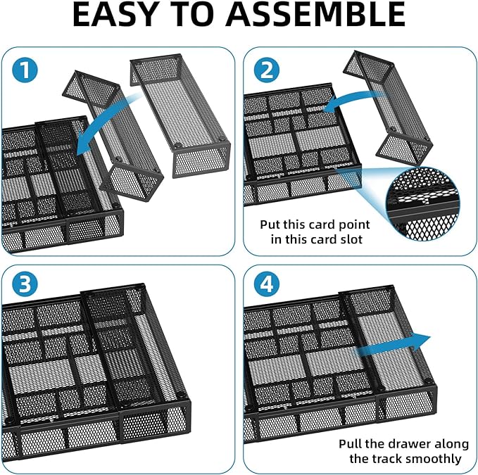 Marbrasse Expandable Desk Drawer Organizer, Mesh Drawer Organizer Tray with 10 Adjustable Compartments, Desk Organizers and Accessories, 5 Dividers Drawer for Office Supplies, Makeup & Vanity (Black)
