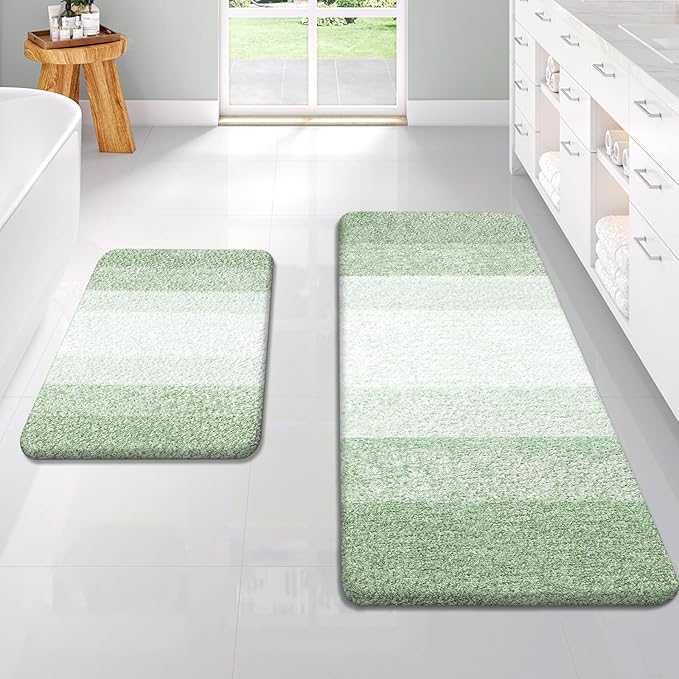 OLANLY Bathroom Rug Set 2 Piece, Soft Absorbent Microfiber Bath Rug Set, Non-Slip, Machine Wash Dry, Plush Shaggy Bath Mats for Bathroom (47"x20"+24"x16", Sage Green)