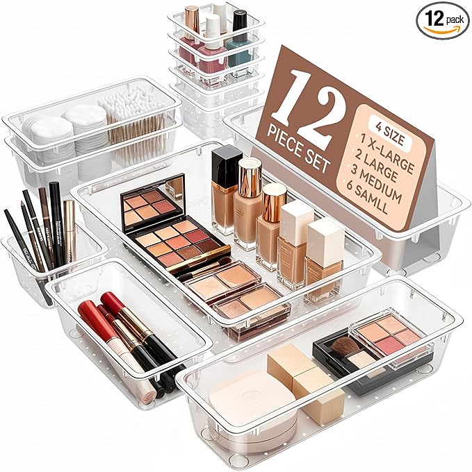 ElegantArray 12 PCS Drawer Organizer Set, 4 Sizes Tool Storage Trays, Clear Plastic Makeup Vanity Organizer and Storage Bins for Makeup, Stationeries, Multiple Gadgets for Bathroom, Office, Bedroom