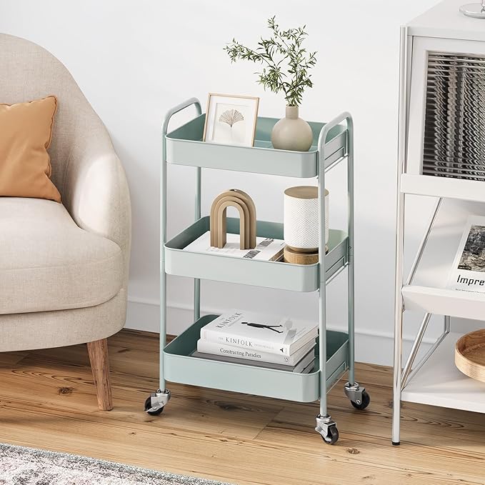 TOOLF 3-Tier Rolling Cart - Metal Utility Storage Organizer with Lockable Wheels, 33 lbs Per Shelf, Tool-Free 5-Min Assembly, for Kitchen Bathroom Office Nursery Craft Room, Green