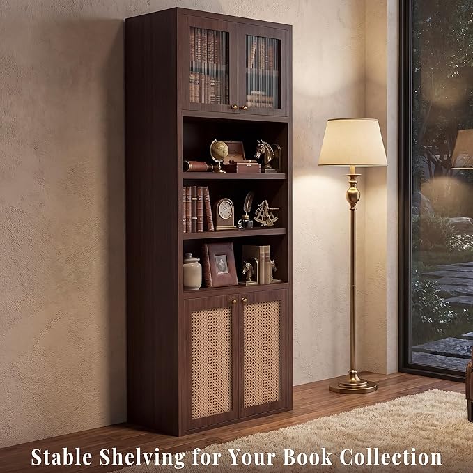 71.7" Tall Bathroom Storage Cabinet, Rattan Tall Freestanding Storage Cabinet with Doors, Adjustable Shelves and Anti-Tip Devices for Bathroom, Kitchen, Laundry Room, Walnut