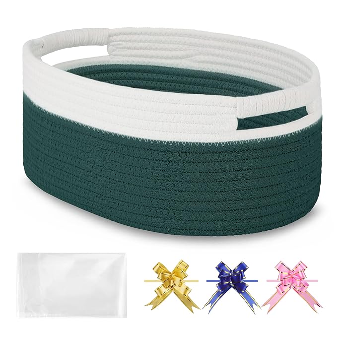 Small Woven Basket with Gift Bags and Ribbons, Empty Baby Gift Baskets for Kids Women Men, Shelf Storage, Small Cat Dog Pet Toy Boxes, 13”x 9”x 5.5”, Dark Green