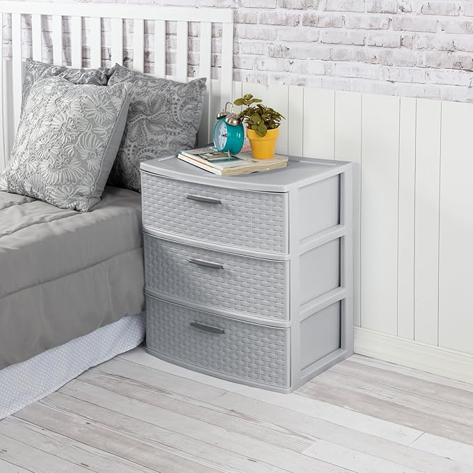 Sterilite 4 Pack 3 Drawer Wide Storage Tower, Plastic Weave Organizer, Cement - Lightweight Opaque Container for Bedrooms, Closets, or Bathrooms