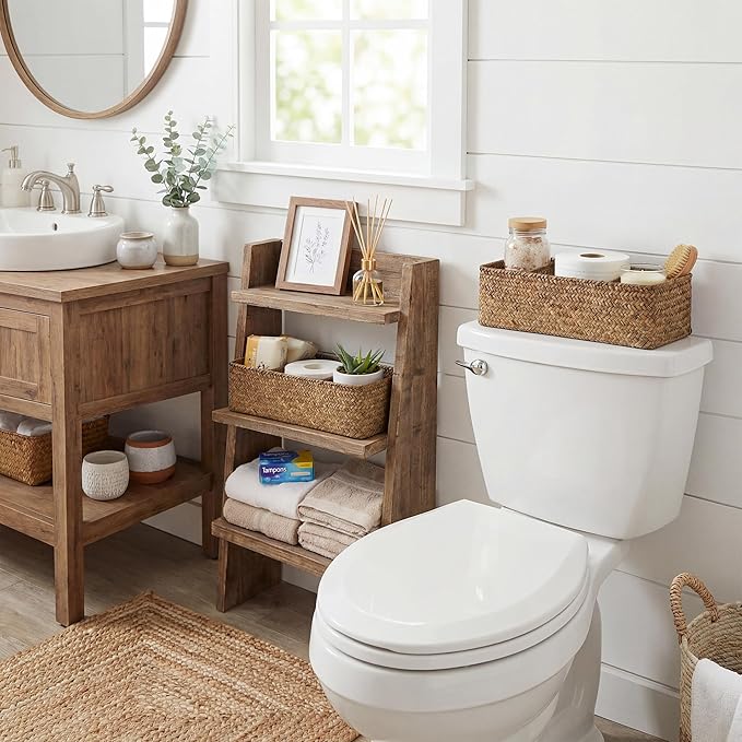 StorageWorks Toilet Paper Basket for Back of Toliet，with 3-Compartments, Basket Organizer, Seagrass Toilet Tank Basket, Brown, 2-Pack