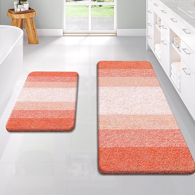 OLANLY Bathroom Rug Set 2 Piece, Soft Absorbent Microfiber Bath Rug Set, Non-Slip, Machine Wash Dry, Plush Shaggy Bath Mats for Bathroom (47"x20"+24"x16", Coral)