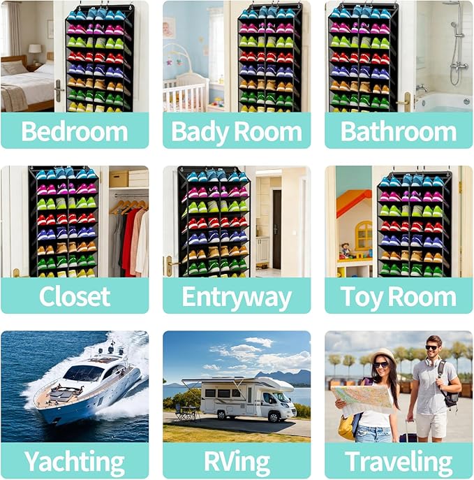 Large Shoe Rack for Door 74 x 24 Inches, Over the Door Shoe Organizer, Heavy-Duty Hanging Shoe Storage for Closet, Extra-Wide 30 Pairs Shoe Holders Fit Family Sneakers Heels Boots - Black