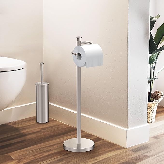 Gatco 1435SN Freestanding Toilet Paper Holder, 23.68” H, Satin Nickel Toilet Tissue Roll Holder Stand With Weighted and Padded Base For Bathroom