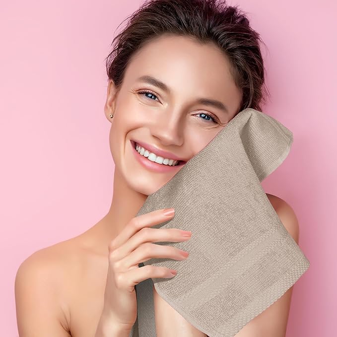 GLAMBURG Ultra Soft 12-Piece Washcloths Set 13x13-100% Ringspun Cotton - Durable & Highly Absorbent Face Towels - Ideal for use in Bathroom, Kitchen, Gym, Spa & General Cleaning - Tan