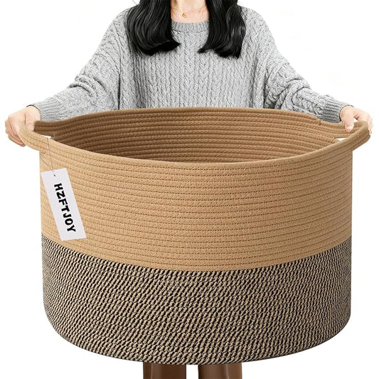 90L Extra Large Blanket Basket,Woven Rope Laundry Basket Hamper with Handles, Decorative Nursery Basket Storage Bin for Toys, Clothes Organizer, Living Room, Bedroom, Bathroom, Jute&Black