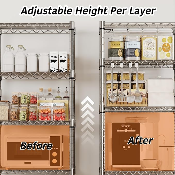 5-Tier Metal Wire Storage Rack with Lockable Wheels, Heavy Duty Shelving Unit Supports 1100 lbs, 61" Tall Rolling Organizer for Kitchen, Garage, or Bedroom