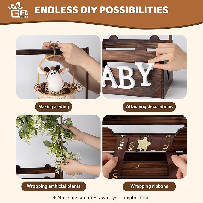 GiftAmaz Brown Wooden Baby Shower Crate Closet, Baby Storage Crate with Handle, Baby Shower Gifts Basket, Baby Welcome Box for Newborn Boys Girls, Pregnancy Gifts for New Parents