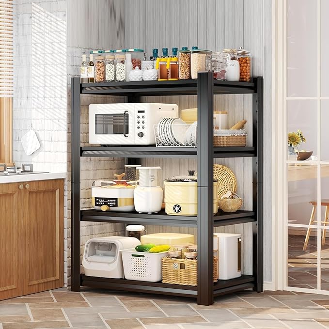 4-Tier Kitchen Shelf Organizer, Solid Metal Adjustable Storage Rack for Pots, Pans, Bottles & Pantry Goods, Space-Saving, Black, 63" H x 45''W x 19.7''D