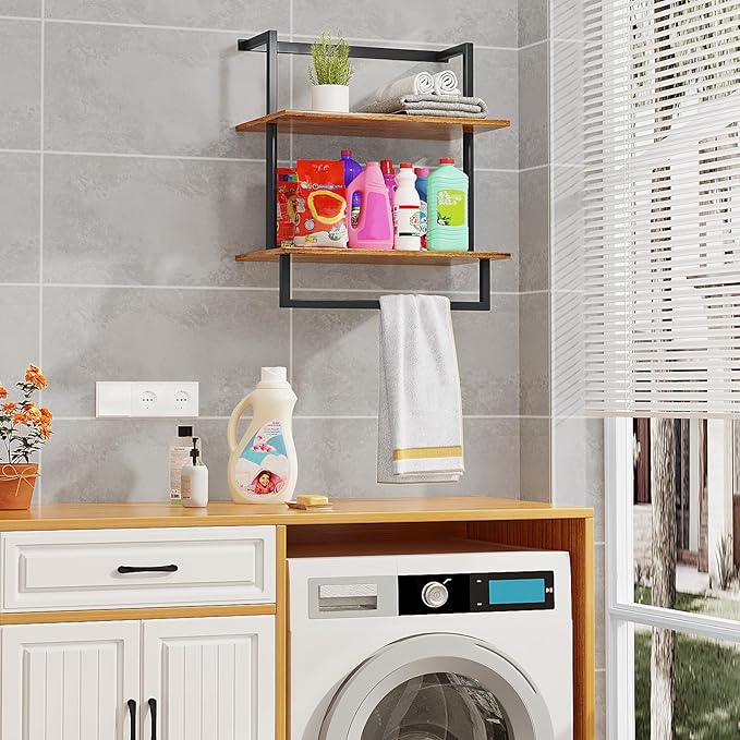 Wall Mounted Towel Rack for Bathroom, Bath Storage Holder 3-Tier Steel Wood Towel Shelf with Bar, Rustic Brown