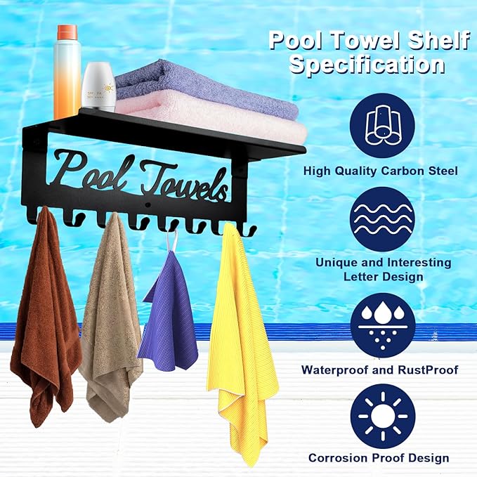 Pool Towel Racks with Shelf 8 Hooks for Pool Bathroom Wall Mount Towel Hooks Towel Holder Carbon Steel Hanger Organizer Pool Accessories Outdoor for Robe,Towel,Coat,Swimsuit,Bag,Keys