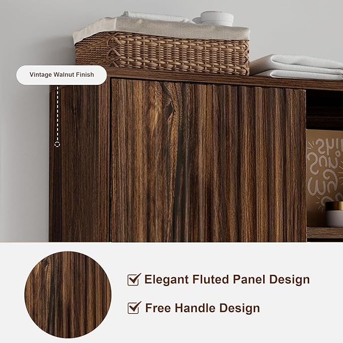 FerniTry Farmhouse Bathroom Wall Cabinet Fluted,Medicine Cabinet Over The Toilet Storage Cabinet with Adjustable Shelf, Wood Wall Mounted Storage Cabinet Organizer 23.2Wx24Hx7.6D (Dark Walnut, Medium)
