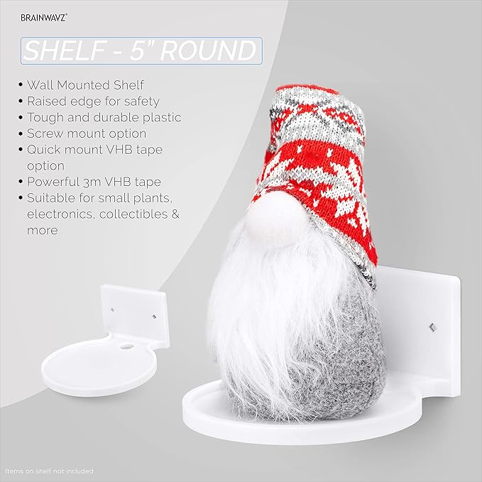 BRAINWAVZ 5” Round Floating Shelf Mount for Security Cameras Baby Monitors Speakers Plants Toys & More Universal Holder Stick-On Or Screw Mount, Easy to Install (White)