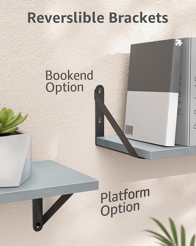 COCOYA Wall Shelves 7.3" Deep Set of 2, Solid Paulownia Wood Wider Longer Sturdy Easy to Install Wall Mounted Bookshelves Storage Shelves Bathroom Home Office Laundry Room Bedroom Organizer Gray