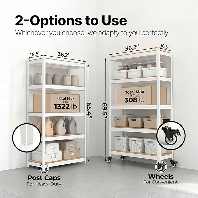 HOMEDANT House 48.1" 5-Tier Metal Rolling Cart Shelf Rack Casters Heavy Duty Laminated Wheel Shelving Unit Adjustable Utility Storage Shelves Shelf Kitchen Garage White 2Pack