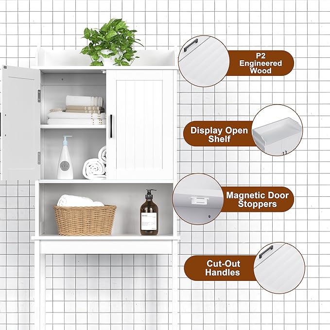 Yardenaler Over-The-Toilet Storage Shelf with Doors, Bathroom Freestanding Space Saver Organizer with Adjustable Shelf, White