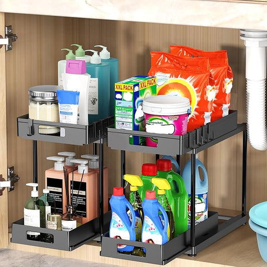 2 Pack Under Sink Organizer with Pull-Out Drawer, 2-Tier Cabinet Storage for Kitchen & Bathroom, Fits Cleaning Supplies & Toiletries, Space Saving for Small Cabinets, Double-layer Sliding Black