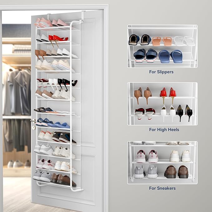 Whitmor 36 Pair Over The Door Shoe Organizer, 12 Tier Hanging Shoe Organizer, Heavy Duty Metal & Mesh Shoe Holder, Hanging Shoe Rack for Closet Organizer & Storage, 74"L x 21.7"W x 7.5"H, Matt White