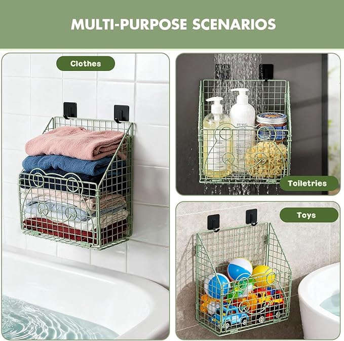 Greentainer Bath Toy Storage Organizer, Large Rustproof Metal Wire Basket, Foldable Wall Mounted Hanging Bathtub Toy Holder with Drainage, No Drilling Adhesive Shower Caddy for Bathroom Tub