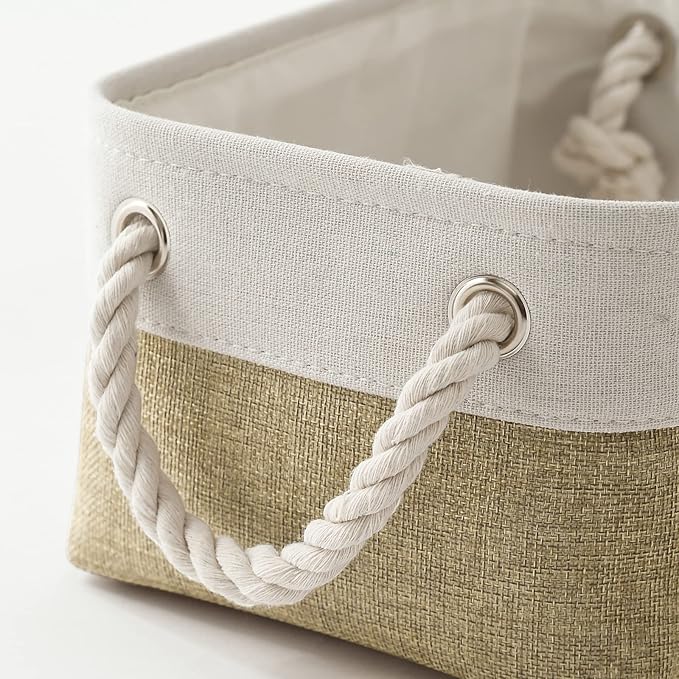 TheWarmHome Storage Basket for Shelves - 12x8x5.2 inch Small 6 Pack Collapsible Storage Bin for Closet with Handles, Fabric Storage Cubes for Cloth Organizer Gift Toy Decorative (White & Khaki)