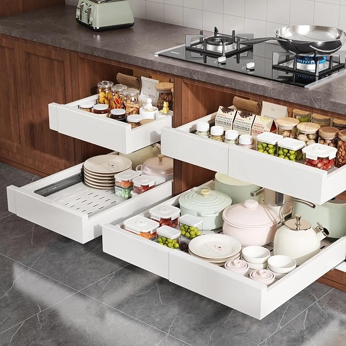 Seinloes Pull Out Cabinet Organizer,4-Side Expandable to Maximize Cabinet Space,Slide Out Drawers with 3 Rail Design,Roll Out Shelf with Raising Pad for Framed Cabinet,13"-21"W x 17"-24"D,White,4 Pack