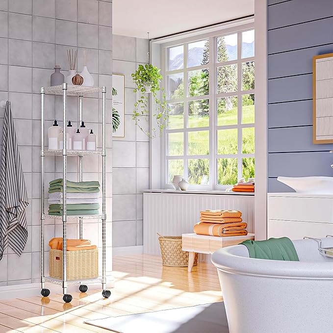 M MZG Storage Shelves Adjustable, 4 Tier Shelving Units for Storage with Wheels, Corrosion Resistant Wire Shelving Unit for Kitchen Closet Bathroom Office, Chrome 11.8" D x 11.8" W x 48.1" H