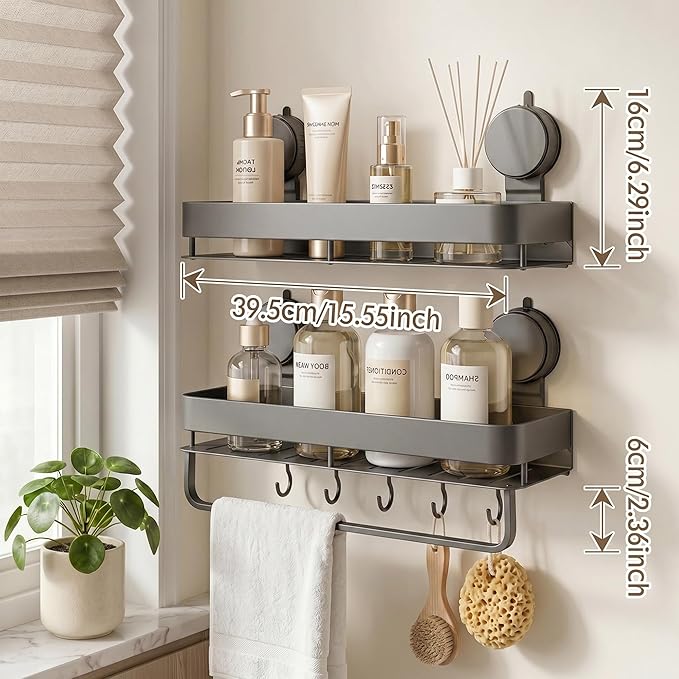 Stainless Steel Wall Mounted Bathroom Shelves with Removable Hooks and Tools